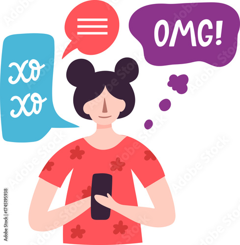 Woman sending text messages using phone communication app
