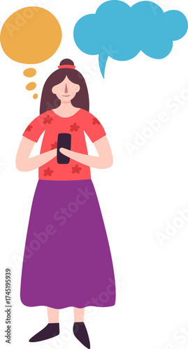 Woman using phone having thought and speech bubbles
