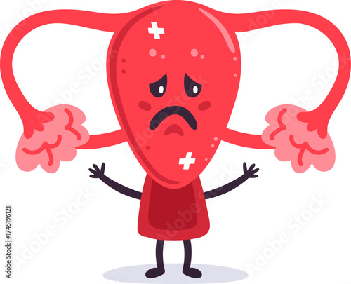 Uterus cartoon character feeling sad with pain points