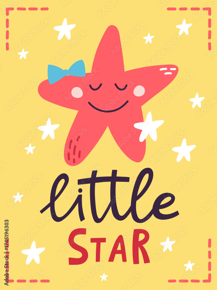 Obraz premium Cute cartoon star with blue bow on yellow background