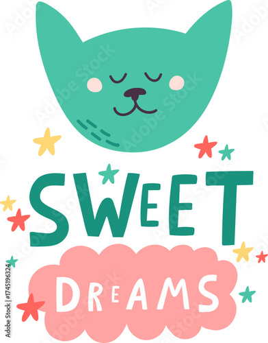 Sweet dreams cat illustration with sleeping animal