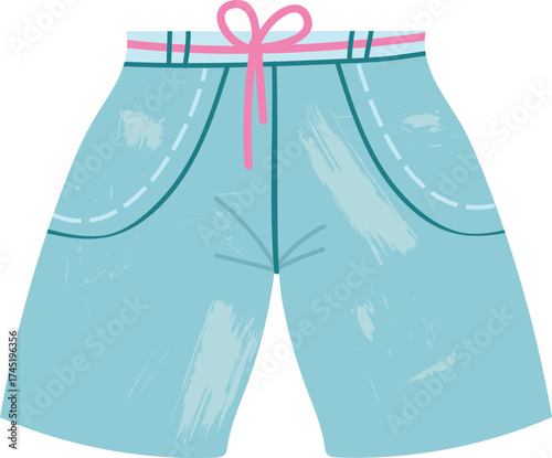 Light blue casual shorts with pink drawstring illustration
