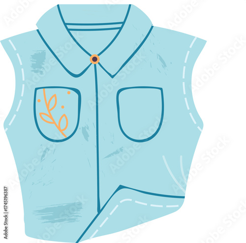 Blue sleeveless shirt with embroidered leaf design