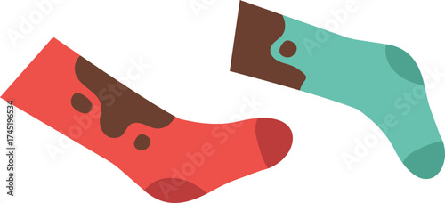 Dirty red and green socks with mud stains