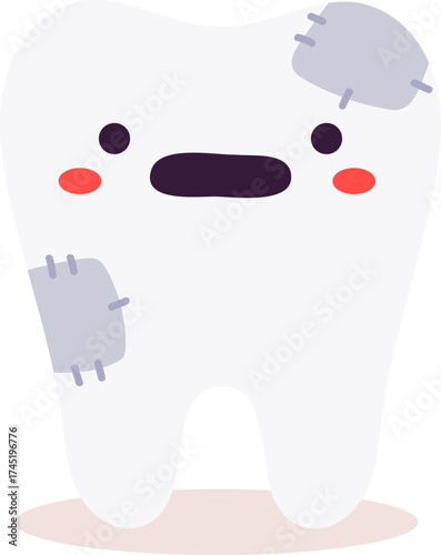 Sad cartoon tooth with dental filling and toothache