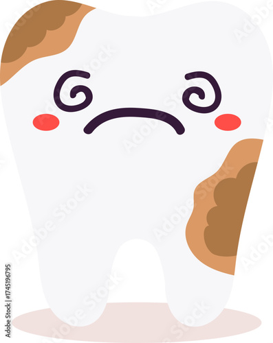 Unhealthy dirty tooth cartoon experiencing pain and dizziness