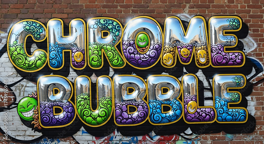 Obraz premium Chrome bubble graffiti art with silver reflective letters and colorful cartoon designs on a brick wall