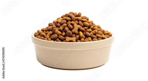 Isolated bowl full of crunchy dog food; pet food for nutrition, kibble in a ceramic bowl