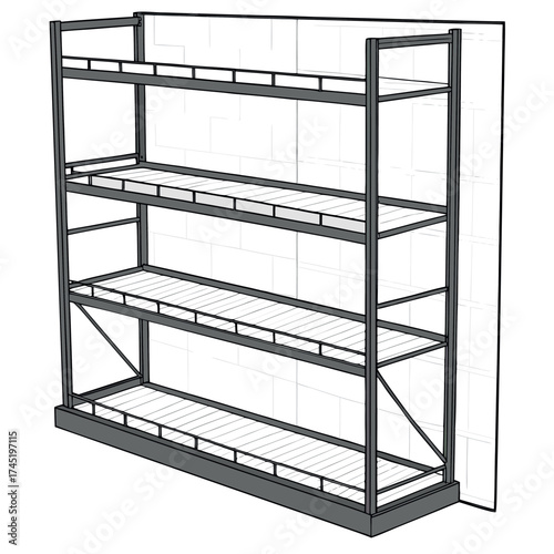 Clean set of four tier floating metal shelves mounted symmetrically for display and storage vector