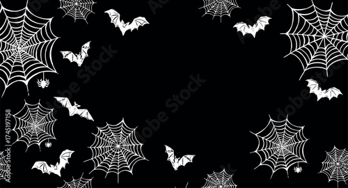 Web, spider and bat on black, Halloween symbol, hand drawn illustration