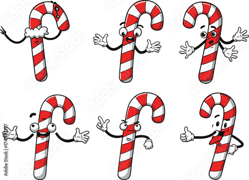 Candy cane character illustration set, six expressive poses with facial emotions and gestures, Christmas vector asset, holiday sticker and coloring page