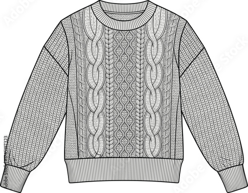 Cable-knit sweater illustration, diamond lattice and twisted cable pattern, ribbed cuffs and hem, textured knit design, fashion garment vector, technical sketch