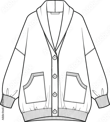 Cardigan illustration, shawl collar design, ribbed cuffs and hem, button closure front, patch pockets vector, fashion garment sketch templateCardigan illustration, shawl collar design, ribbed cuffs an