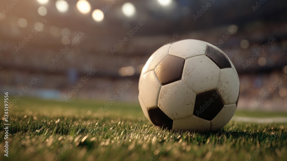 Fototapeta premium Soccer ball on green field under stadium lights. Artificial intelligence image