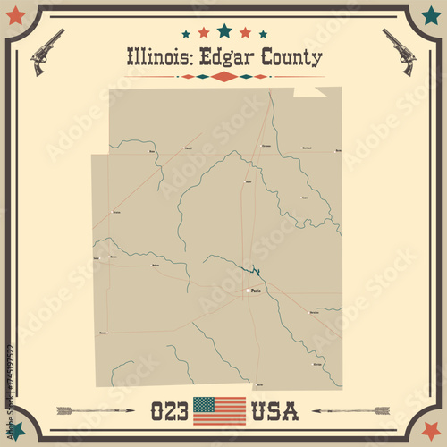 Large and accurate map of Edgar County, Illinois, USA with vintage colors.