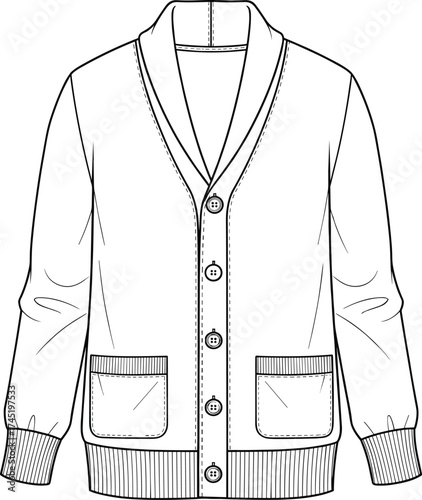Cardigan sweater illustration, shawl collar with button front and patch pockets, ribbed cuffs and hem, fashion garment vector, technical flat sketch