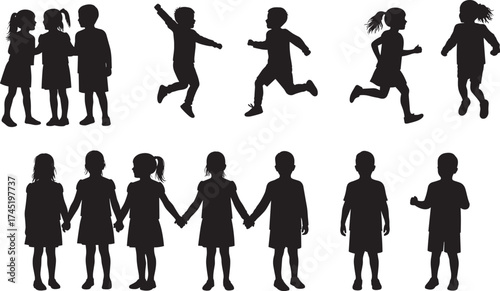Children silhouette vector, playful and social activities, running, talking, jumping, holding hands, black illustration, childhood interaction, minimalist design, educational theme