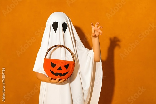 Child in Ghost Costume Holding Pumpkin Basket | Cute Halloween Trick or Treat Concept