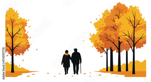 Couple walking in autumn park with silhouettes of trees and falling leaves