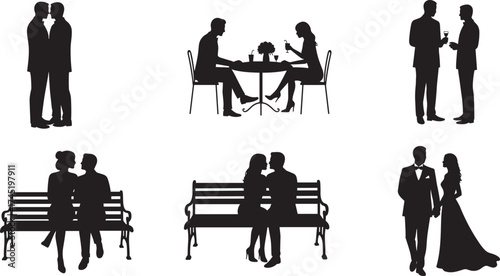 Romantic couple silhouettes, dining, kissing, walking, sitting together, social interaction, love moments, black vector design, relationship concept, emotional connection illustration