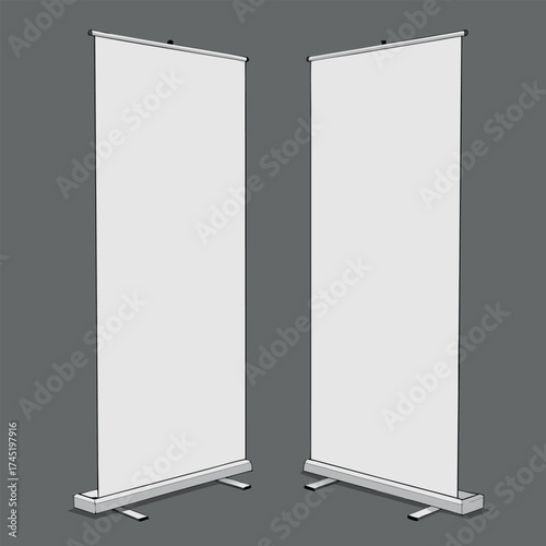 Two blank white roll-up banner stands for advertising and promotional displays vector
