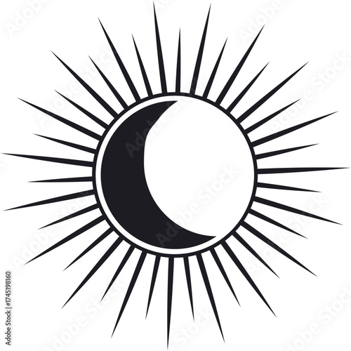 Minimalist sun and crescent moon eclipse symbol