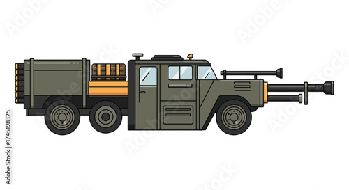 Detailed illustration of a military vehicle with rocket launchers and weaponry