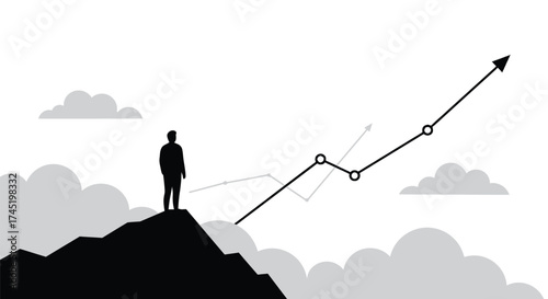 A lone figure contemplates a rising graph amidst clouds and mountains