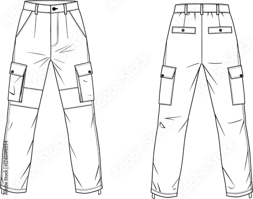 Cargo pants technical drawing, front and back views with flap pockets, button-zip closure, drawstring hems, belt loops, fashion vector, garment construction asset