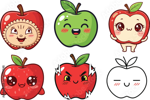 Cartoon apple character illustration set, six expressive designs with pie face, angry apple, outline version and playful poses, fruit vector asset
