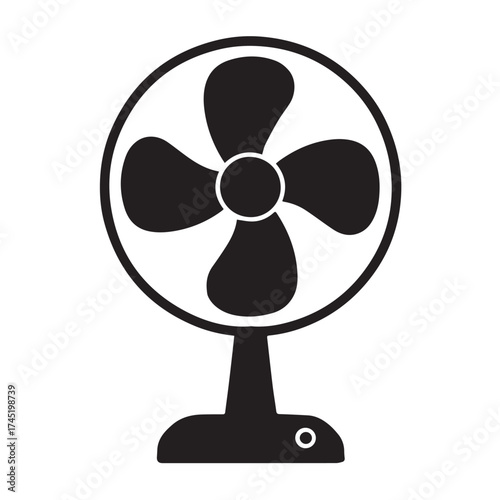 Minimal black table fan icon with four blades on pure white background. Perfect for summer, cooling, air circulation, and appliance related creative or educational designs.
