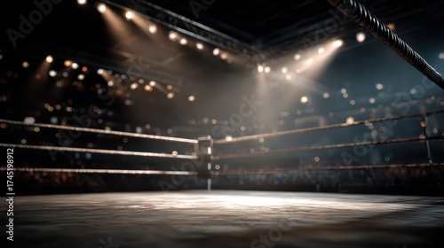 Empty boxing ring illuminated by spotlights in a dark arena setting. Use this for themes of competition, struggle, or winning in a challenge.