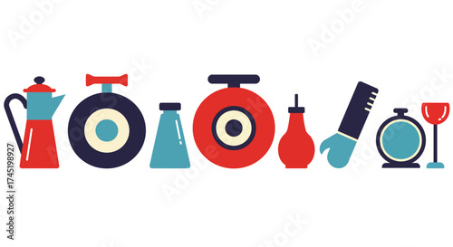 A collection of vintage kitchen and household items in flat design