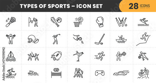 Sports Line Icons Set – Thin Outline Vector Symbols Representing Football, Basketball, Baseball, Swimming, Cycling, Gym, Running, and Fitness with transparent Background.