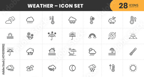Minimal line weather icon set collection with sun, rain, cloud, snow, temperature, storm, rainbow, and season symbols  with transparent Background.