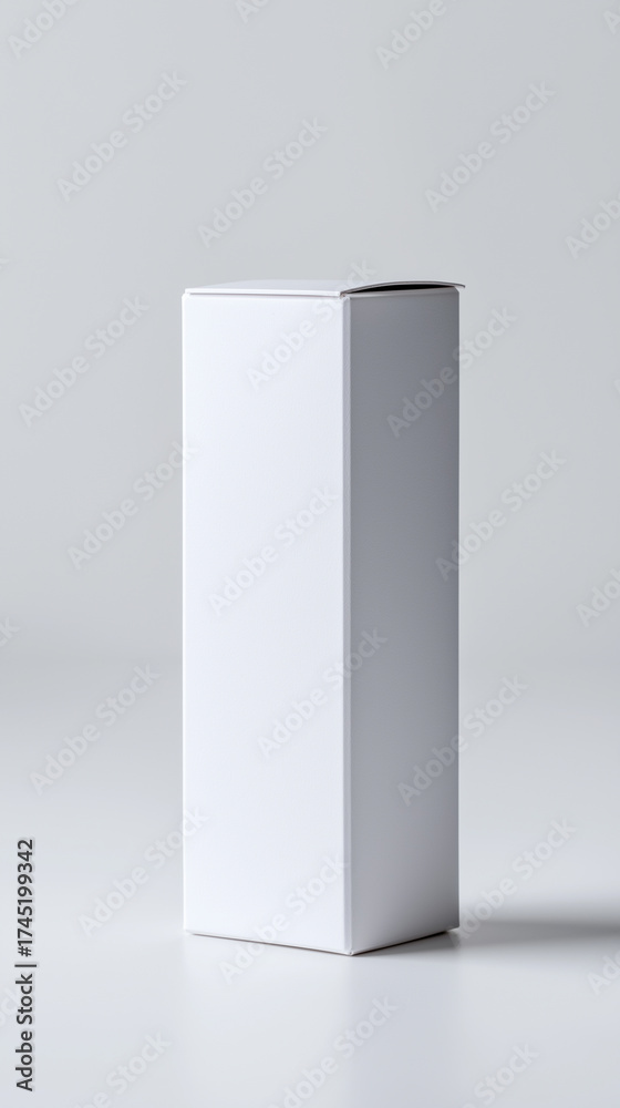 Naklejka premium Plain white rectangular box standing upright on a neutral gray background. 
