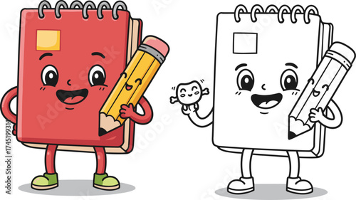 Cute cartoon notebook character holding pencil, educational school illustration for kids, creative stationery design, learning and drawing concept vector art