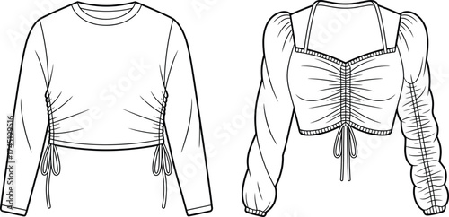 CAD drawing flat vector illustration, women’s crop top design, ruched detail, puff sleeve blouse, fashion sketch, garment construction, apparel template