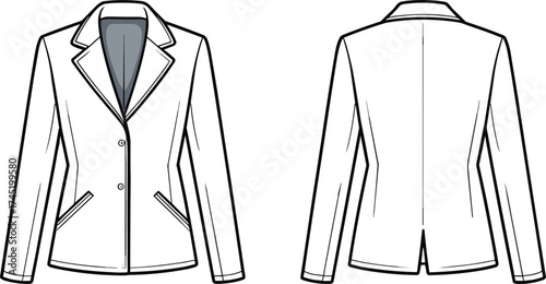 CAD drawing flat vector illustration, women’s blazer design, notched lapel collar, fashion sketch, garment construction, apparel template, front and back view