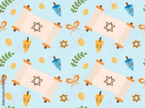 A seamless pattern with wooden dreidels, a scroll, and a Star of David.