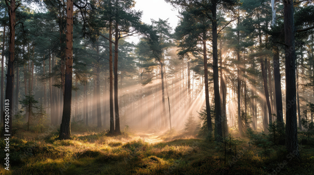 Obraz premium The sun is shining through the trees, casting a warm glow on the forest floor