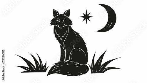 Mystical fox illustration with crescent moon and star, bringing magic and enchantment to any design
