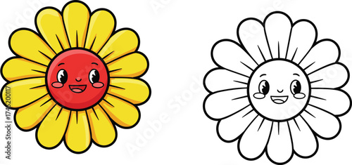 Cartoon flower with yellow petals and smiling red center, cheerful garden bloom in color and black-and-white outline version, kids coloring book page vector