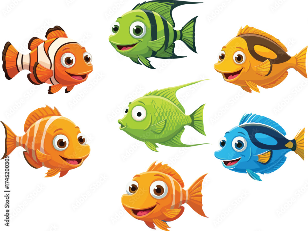 Fototapeta premium Cartoon fish character illustration set, seven colorful designs with expressive faces and patterns, underwater animal vector, children’s sticker and art asset