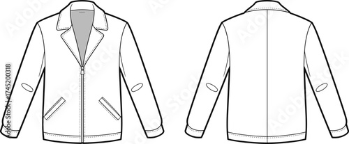 CAD drawing flat vector illustration, jacket fashion design, notched lapel collar, fashion sketch, garment construction, apparel template, front and back view