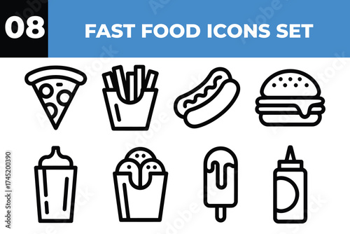 Set of fast food icons pizza burger fries hot dog drink ice cream popsicle ketchup