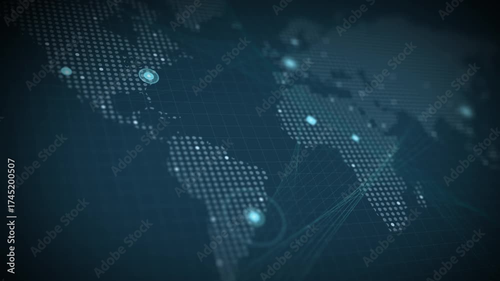 Pulsing dots and glowing lines on world map representing global ...