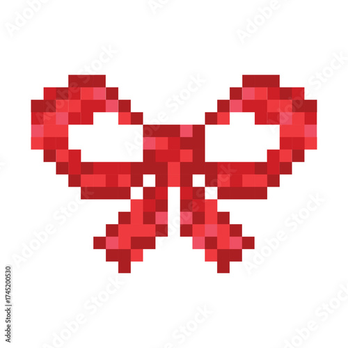 A red pixelated bow on a white background. Vector illustration of a ribbon in pixel art style.
