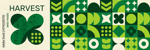 Mosaic pattern in swiss design, featuring abstract agriculture motifs on a green eco background.