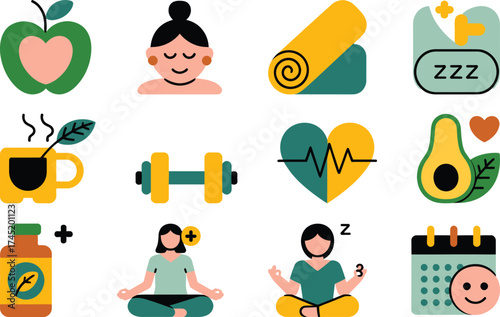 Healthy lifestyle icons set apple tea dumbbell heart avocado yoga calendar sleep wellbeing